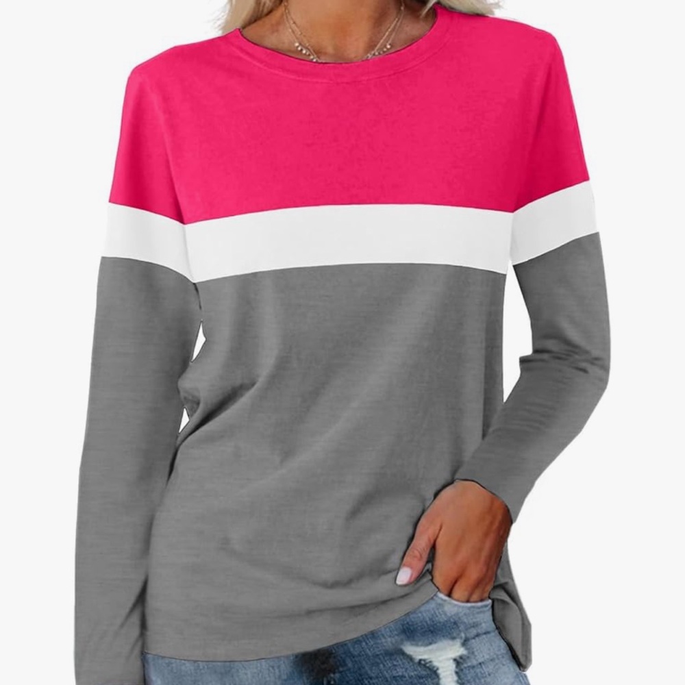 Pink, White, and Gray Color Block Long Sleeve